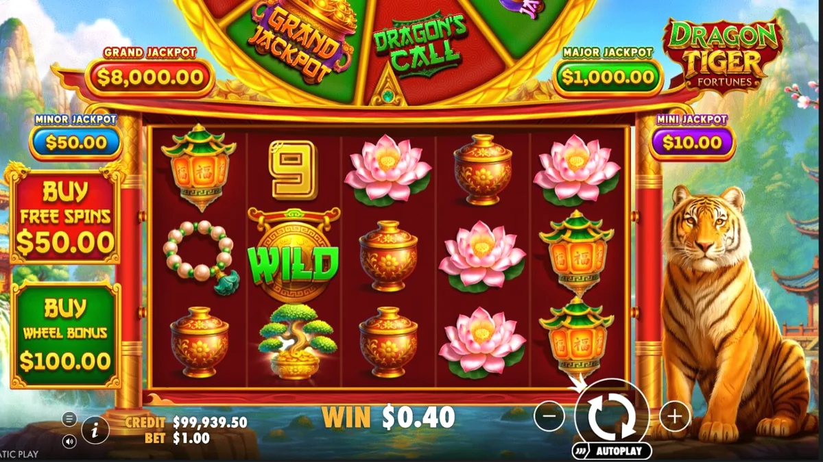 Dragon Tiger Fortunes slot gameplay dengan tema naga dan harimau yang megah